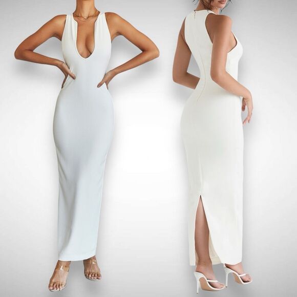 House of CB Eleanora Ivory Plunge Neck Bridal Maxi Dress Size Large Cocktail - Picture 2 of 13